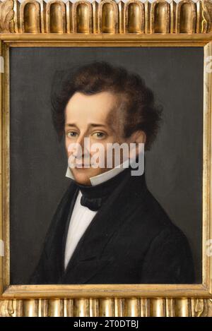 Recanati (Italie, Marches - province de Macerata), Villa Colloredo Mels Musée civique. Giovanni Gallucci, Portrait de Giacomo Leopardi (1798-1837), huile sur toile Banque D'Images