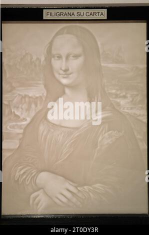 Pioraco (Italie, Marches - province de Macerata), Musée du papier et des filigranes. Image sur papier filigrané de la Joconde Banque D'Images