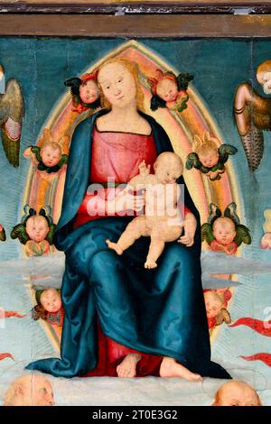 Città della Pieve (Italie, Ombrie, province de Pérouse), Cathédrale des Saints Gervasio et Protasio. Perugino, Madone et enfant avec Saints Gervasio, Pietro, Paolo et Protasio, peint sur bois. Détails Banque D'Images