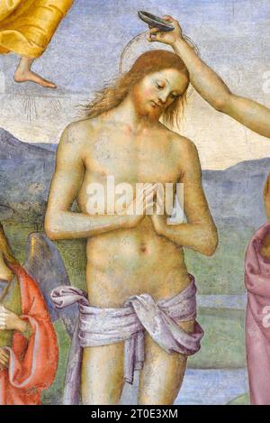 Foligno (Italie, Ombrie, province de Pérouse), Oratoire de la Nunziatella. Perugino, Baptême et l'Éternel adoré par deux anges, fresque. Détails Banque D'Images