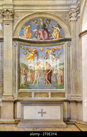 Foligno (Italie, Ombrie, province de Pérouse), Oratoire de la Nunziatella. Perugino, Baptême et l'Éternel adoré par deux anges, fresque Banque D'Images