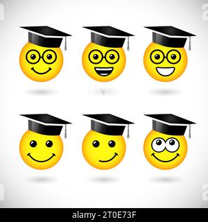 Ensemble d'icônes de graduation. Classe hors logotype. Modèle de conception Web graphique abstrait isolé. Autocollant en papier blanc, signes de sourire avec des lunettes. 3D créative Illustration de Vecteur