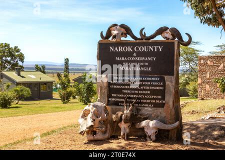 Signez dans le Masai Mara, Kenya, avertissant des dangers des animaux sauvages. Il y a des buffles plus rares et un crâne d'éléphant autour d'elle. Banque D'Images