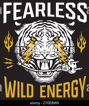 Fearless - affiche Wild Energy. Visage de tigre avec Lightning Bolts couleur. Illustration vectorielle. Illustration de Vecteur