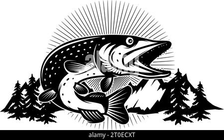 Emblème de pêche au brochet dans un style monochrome. Poisson brochet isolé sur fond blanc Illustration de Vecteur