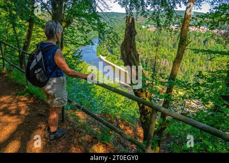 Vue sur l'écluse Mettlch, sentier de randonnée Saarschleife-Tafeltour, boucles de rêve Saar-Hunsrück, Mettlach, Saar, vallée de la Sarre, parc naturel Saar-Hunsrück, Sarre, Allemagne Banque D'Images