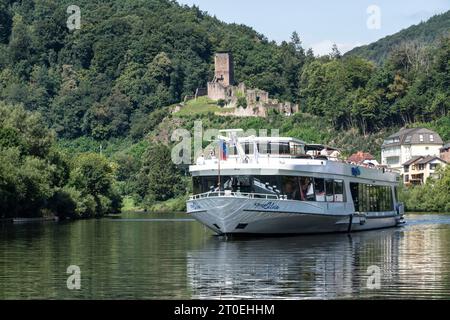 Neckarsteinach, Hesse, quartier Bergstrasse, Allemagne, vue sur la rivière Neckar avec la ruine du château Schadeck, également appelé Nid d'Swallow. Banque D'Images