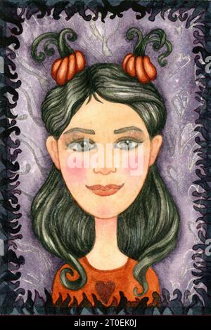 Portrait aquarelle d'une petite sorcière avec des citrouilles dans les cheveux Banque D'Images