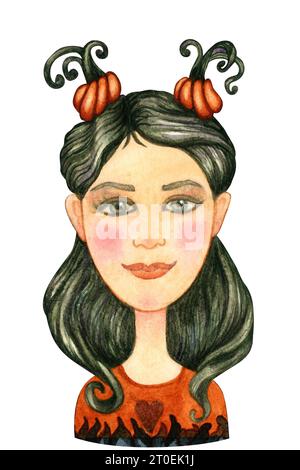 Portrait aquarelle d'une petite sorcière avec des citrouilles dans les cheveux Banque D'Images