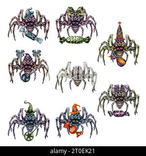 Araignées de fantaisie aquarelle avec bonbons et chapeau pour Halloween Elements isolé sur fond blanc Banque D'Images