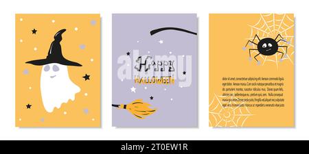 Affiches Halloween pour les enfants. Jolie carte Halloween avec fantôme et araignée. Imprimé bébé. Illustration de Vecteur