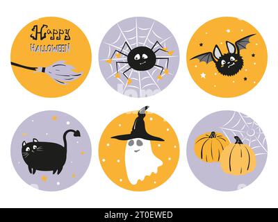 Halloween Prints Set avec citrouilles, fantôme et chauve-souris. Autocollants Vector Halloween. Illustration de Vecteur