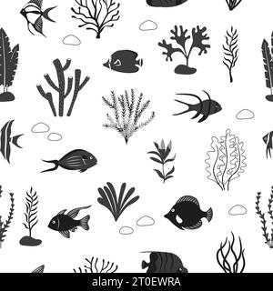 Motif de poissons de mer et d'algues sans couture. Fond de récif corallien vecteur avec des poissons tropicaux et des plantes. Illustration en noir et blanc. Illustration de Vecteur