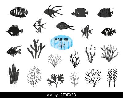 Ensemble de silhouettes d'algues et de poissons. Collection vectorielle de poissons de mer noirs et blancs et d'algues isolés sur fond blanc. Illustration de Vecteur