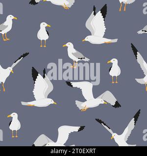Motif mouettes mignons. Illustration vectorielle marine sans couture avec des oiseaux volants. Illustration de Vecteur