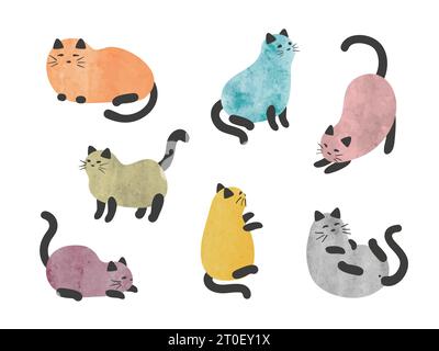 Ensemble de vecteurs de chats mignons. Chat coloré et chaton, personnages d'animaux de compagnie isolés sur fond blanc. Illustration de Vecteur