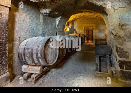 Le château d'USSE est situé dans le village de Rigny-Usse sur la rive sud de l'Indre, affluent de la Loire. Le château est classé Monument historique depuis mars 1927. Des caves à vin ont été creusées dans le tuf mou près de la chapelle du château. Diverses scènes de la production de vin sont montrées dans les caves. Banque D'Images