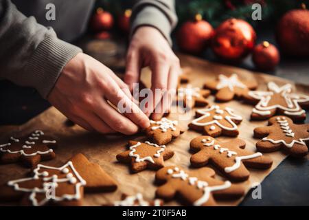 Mains habiles au travail, fabriquant des biscuits traditionnels en pain d'épice avec amour et soin, parfait pour la saison des fêtes Banque D'Images