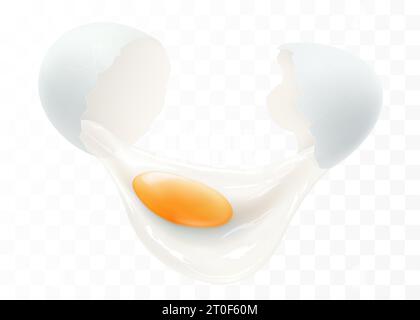 Un œuf blanc cassé isolé sur un fond transparent. La protéine et le jaune ont coulé hors d'un gros plan de coquilles d'oeuf cassées. Illustration horizontale de c Illustration de Vecteur