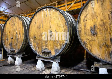 La fabrication de cidre asturien naturel traditionnel fait à partir de pommes fermentées en fûts pendant plusieurs mois devrait être versée de grande hauteur, en permettant le lot Banque D'Images