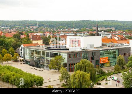 Vue depuis la colline de Petersberg sur Erfurt et le théâtre Banque D'Images