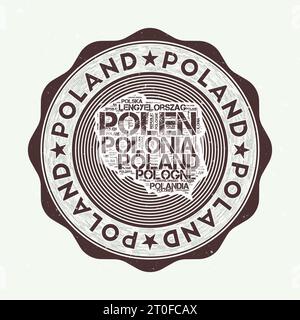 Poland Seal. Logo rond du pays avec la forme de la Pologne et le nom du pays en plusieurs langues wordcloud. Emblème artistique. Illustration vectorielle attrayante Illustration de Vecteur