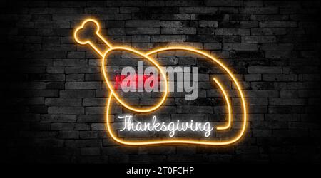 Signe néon isolé réaliste de vecteur du lettrage de jour de Thanksgiving pour la décoration et la couverture sur le fond de mur. Concept de Happy Thanksgiving Da Banque D'Images