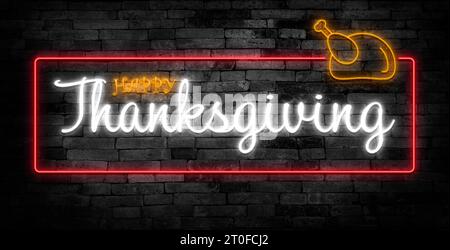 Signe néon isolé réaliste de vecteur du lettrage de jour de Thanksgiving pour la décoration et la couverture sur le fond de mur. Concept de Happy Thanksgiving Da Banque D'Images