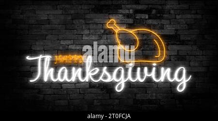 Signe néon isolé réaliste de vecteur du lettrage de jour de Thanksgiving pour la décoration et la couverture sur le fond de mur. Concept de Happy Thanksgiving Da Banque D'Images