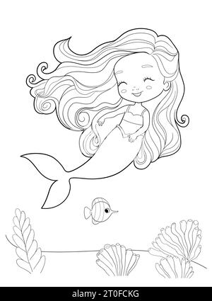 Illustration de contour de paysage sous-marin mignon sirène fille pour le livre de coloriage. Contour vectoriel Illustration de Vecteur