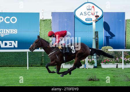 Ascot, Berkshire, Royaume-Uni. 6 octobre 2023. Horse Hampden Park monté par le jockey Oisin Murphy remporte les Heros novice Stakes à l'hippodrome d'Ascot lors du meeting Autumn Racing Friday. Propriétaire Sir Alex Ferguson. Entraîneur Andrew Balding. Éleveur Sir Alex Ferguson. Crédit : Maureen McLean/Alamy Live News Banque D'Images