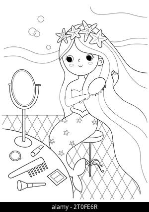 La petite sirène est assise devant le miroir et se peigne les cheveux. Illustration de contour pour livre de coloriage. Contour vectoriel Illustration de Vecteur