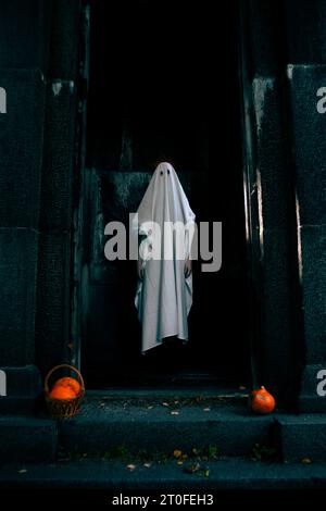 Un fantôme se tient dans une crypte ornée de citrouilles et de feuilles d'automne. Situé au mois d'octobre, il évoque l'esprit d'Halloween et plonge dans Banque D'Images