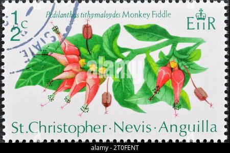 Timbre-poste annulé imprimé par St Christopher Nevis Anguilla, qui montre Monkey Fiddle, vers 1971. Banque D'Images