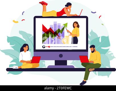 Groupe d'étudiants regardant le webinaire en ligne. Concept de formation en ligne. Concept d'école de commerce en ligne. Illustration vectorielle. Plat. Illustration de Vecteur