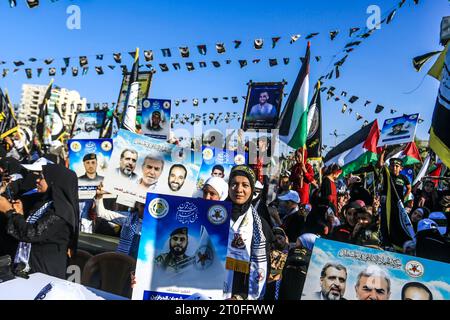 Middle East News/Gaza/Territoires palestiniens des partisans du Jihad islamique palestinien participent à un rassemblement anti-israélien marquant le 36e anniversaire de la fondation du mouvement dans la ville de Gaza, le 6 octobre 2023. Bande de Gaza Palestine Copyright : xMahmoudxIssax 5T0A1250 crédit : Imago/Alamy Live News Banque D'Images