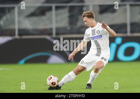 Sosnowiec, Pologne. 05 octobre 2023. David Affengruber de Sturm Graz a été vu lors du match de football UEFA Europa League 2023/2024 entre Rakow Czestochowa et Sturm Graz à ArcelorMittal Park. Score final ; Rakow Czestochowa 0:1 Sturm Graz. (Photo Grzegorz Wajda/SOPA Images/Sipa USA) crédit : SIPA USA/Alamy Live News Banque D'Images