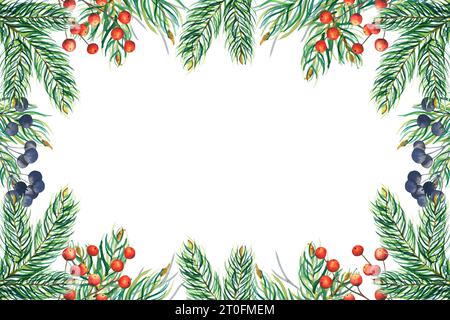 Cadre rectangulaire en sapin aquarelle avec branches baies rouges et bleues. Illustration dessinée à la main, décorations confortables pour Noël et nouvel an Banque D'Images