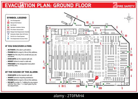 Plan d'évacuation pour épicerie ou supermarché. Plan d'urgence en cas d'incendie ou plan d'évacuation. Instructions textuelles sur les procédures et l'emplacement des équipements d'urgence Illustration de Vecteur
