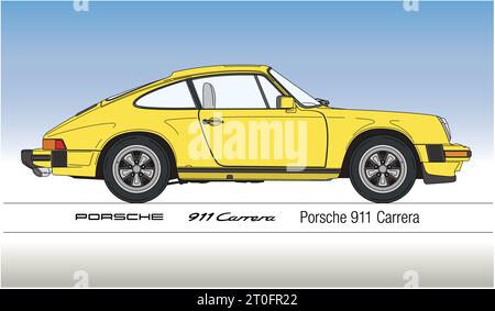 Allemagne, année 1974, Porsche 911 Carrera, voiture ancienne, illustration vectorielle de couleur jaune Banque D'Images