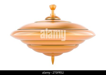 Golden Spinning Tin Top, rendu 3D isolé sur fond blanc Banque D'Images