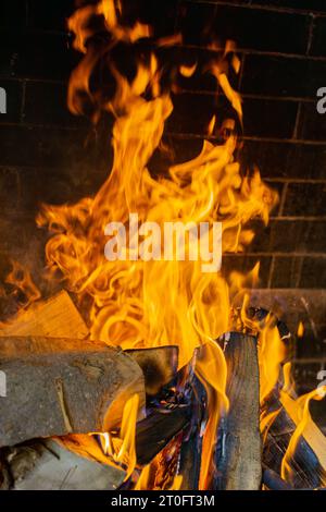 Flamme, feu gros plan, macro. Bois de chauffage barbecue en pierre, four en briques ouvert pour la cuisson des kebabs, de la viande, du poisson et d'autres plats alimentaires sur le feu à l'intérieur. Cuisine du restaurant, four à pizza et barbecue. Vertical Banque D'Images