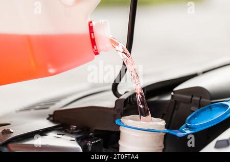 Gros plan un conducteur de l'homme du service après-vente verse du liquide lave-glace de pare-brise rouge non gelé dans le réservoir de la voiture du capot depuis la bouteille de l'absorbeur. Nettoyant liquide pour vitres de pare-brise liquide été ou hiver Banque D'Images