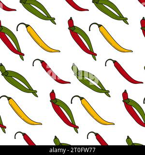 Motif sans fin de gousse de piments Chili colorés dans des tons lumineux à la mode. Condiment mexicain traditionnel. Isoler. EPS. Vecteur pour emballage, impression, textile, affiche, bannière, brochures, cartes, étiquette ou web Illustration de Vecteur