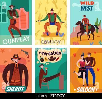 Wild West Cowboy cartes ensemble de six compositions d'images plates avec dessin animé style personnages humains illustration vectorielle Illustration de Vecteur