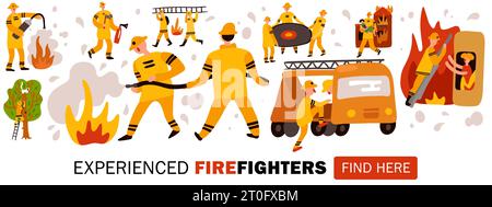 Des pompiers expérimentés pendant un travail dangereux en-tête pour l'illustration du vecteur horizontal plat du site Web Illustration de Vecteur