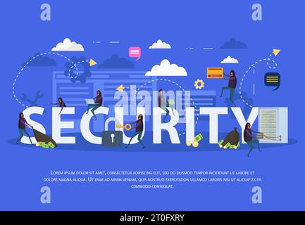 Cyber-sécurité composition plate avec diverses attaques de hacker sur l'équipement informatique sur fond bleu illustration du vecteur Illustration de Vecteur