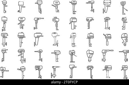 Les icônes de moteur hors-bord définissent le vecteur de contour. Bateau à moteur. Bateau de croisière Illustration de Vecteur