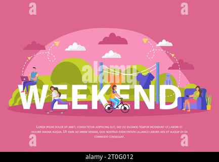 Paresseux week-ends gens affiche plate avec grand titre de week-end et les gens s'assoient sur elle illustration vectorielle Illustration de Vecteur