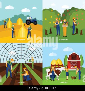 Agriculture agricole agriculture et animaux domestiques élever 4 icônes plates composition poster carré abstrait vecteur isolé illustration Illustration de Vecteur
